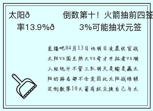 太阳🔒️倒数第十！火箭抽前四签概率13.9%😍3%可能抽状元签